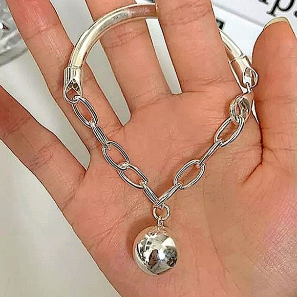 Sterling Silver Chain Link Ball Drop Bangle Bracelet - Picture 6 of 7